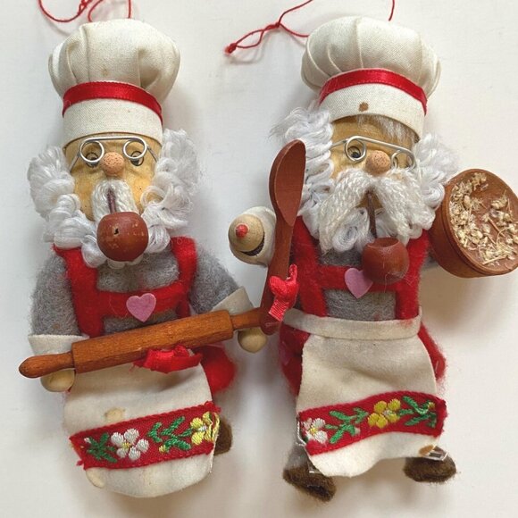 Vintage Folk Santa Claus Ornaments Baker & Chef – Wood and Felt Christmas Decor - Picture 1 of 6